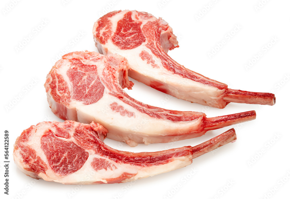 Fresh lamb rack  isolated on white background, Fresh Raw lamb loin on White Background With clipping path.