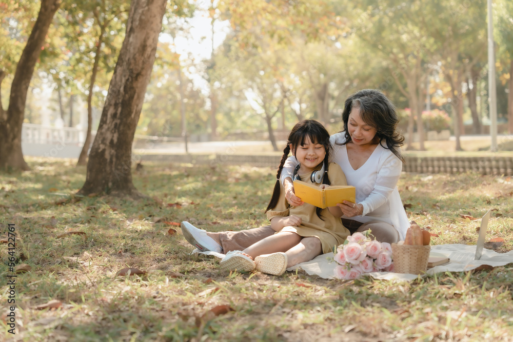 Portrait of asia grandmother and grandchildren holiday vacation together in the park in the summer in Southeast Asia Pacific. Picnic Portrait of asia grandmother and grandchildren holiday vacation together in the park in the summer in Southeast Asia Pacific. Picnic