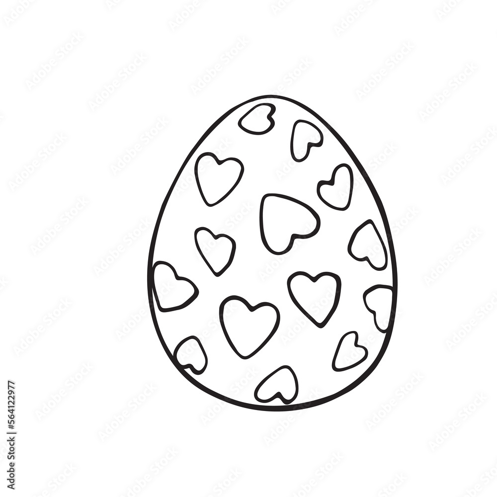 Vector black outline easter egg with hearts. Holiday illustration in hand drawn doodle style for gift card certificate banner sticker, stamp, logo, icon label, coloring book page Vector black outline easter egg with hearts. Holiday illustration in hand drawn doodle style for gift card certificate banner sticker, stamp, logo, icon label, coloring book page