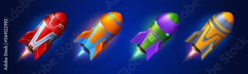 Launch spaceships, rockets to outer space. Concept of business startup, idea, futuristic technology. Set of flying shuttles with fire, vector cartoon illustration