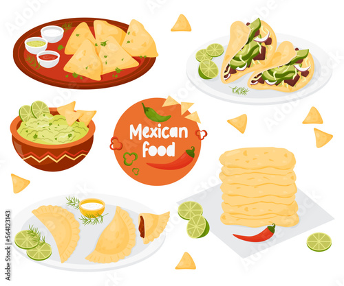 Collection traditional Mexican food Quesadilla, Taco, Empanadas, corn tortillas and guacamole with nachos. Isolated vector illustrations latin national american cuisine for culinary theme design.