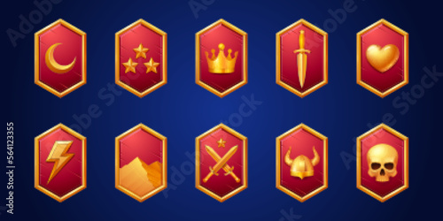 Set fantasy game shields isolated on background. Vector cartoon illustration of ancient knight armor with golden moon, stars, crown, heart, dagger, lightning, mountains, swords, viking hat, skull icon