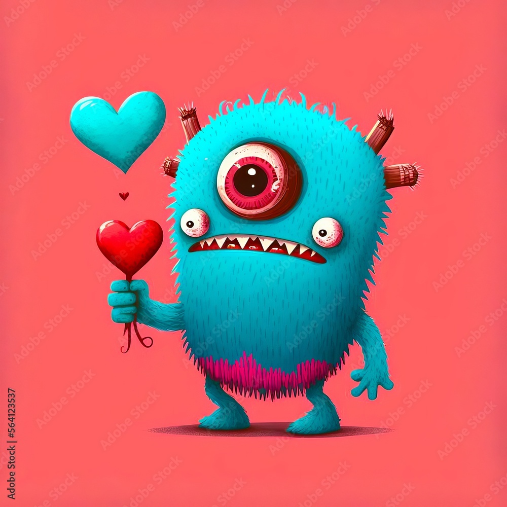 A Cute Adorable Valentine's Day Monster Holding a Heart. Friendship and Love Concept. Generative AI A Cute Adorable Valentine's Day Monster Holding a Heart. Friendship and Love Concept. Generative AI