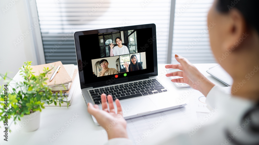 Video call people online meeting with business partner group startup new normal lifestyle teleconference. happy woman using laptop for Video call and online service concept. Video call people online meeting with business partner group startup new normal lifestyle teleconference. happy woman using laptop for Video call and online service concept.