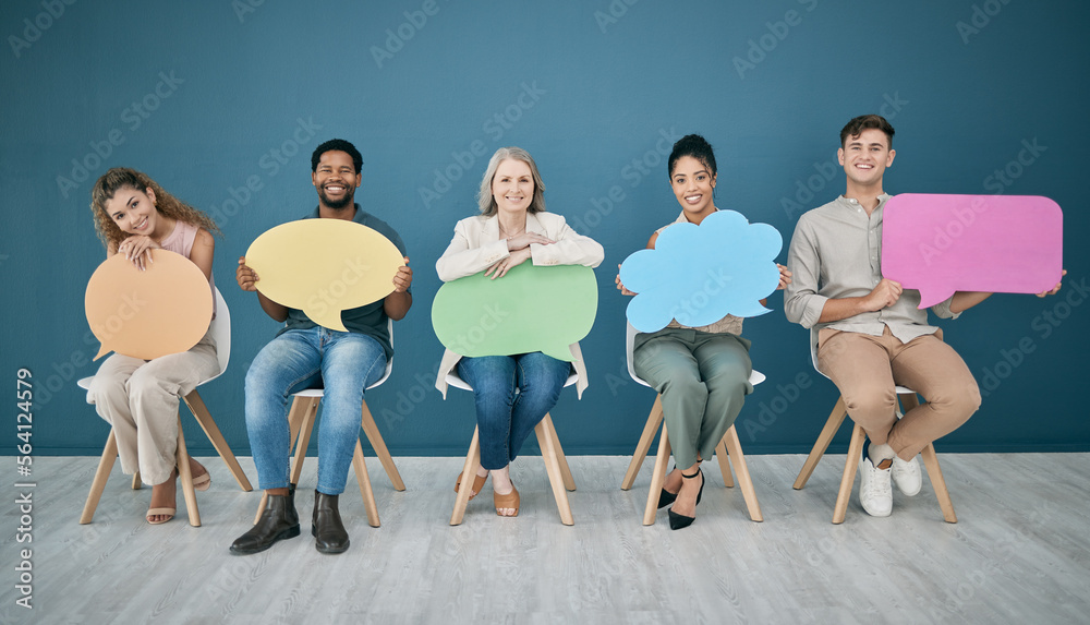 Obraz premium Speech bubble, social media and business people in waiting room for recruitment or hr survey. Hiring, portrait and group of employees with chat sign for vote, feedback or opinion mock up in office.