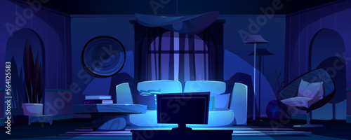 Night living room interior with tv and furniture. Vector cartoon illustration of boho style home with sofa, armchair, lamp, potted plant, books on table, carpet on floor, French window with curtains