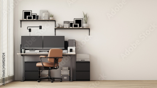 Modern workplace with comfortable modern working table and computer with working chair and large window. on wall white and wooden floor. 3D rendering