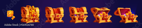Treasure gold chest open with coins, locked with chain and padlock and key. Game icon of rare loot with ancient wooden trunk with glowing golden money, vector cartoon set isolated on background