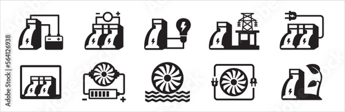 Hydro power electricity icon set. Power related icons. Green energy vector icons set. Renewable hydro power generator symbol. Clean energy source illustration. Water dam electric generator symbol set.