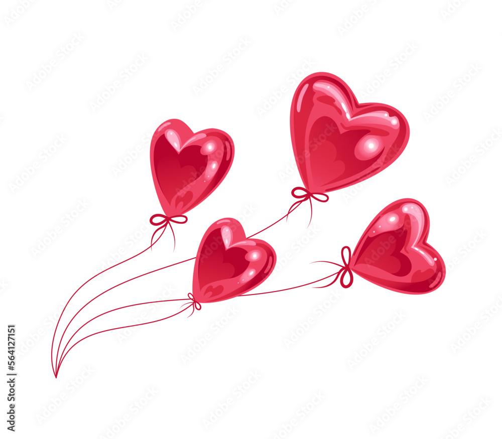 Pink sparkling heart shaped helium balloons develop in the wind.Modern realistic illustration. For posters, postcards, banners, design elements, printing on fabric