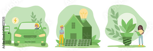 Sustainability illustration set in flat style. Energy saving light bulb, electric vehicle, solar panels. Green electricity and power save concept.