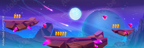 Space adventure game platforms with coins. Vector cartoon illustration of rocks with crystals and golden bonus items floating in air against night sky with stars, flying meteorites and alien planets
