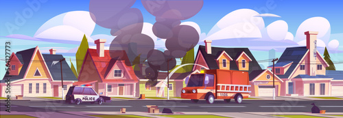 Fire in house vector cartoon illustration. Building burning and smoldering, police car and firefighting truck parked on street. Firefighters pouring water to extinguish flame. Real estate insurance