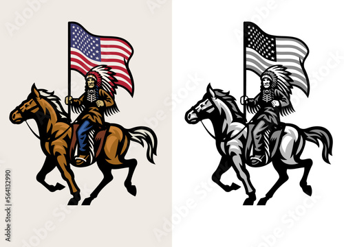 Set American Indian Chief Riding Horse and Hold the American Flag