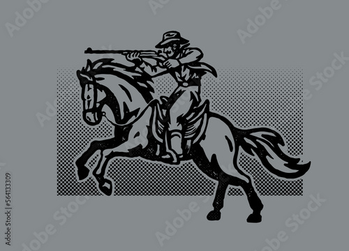 Old Press Style of Vintage cowboy horse rider shooting the rifle