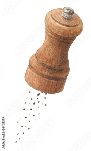 コショウを挽いているミル　水彩色鉛筆スパイスイラスト