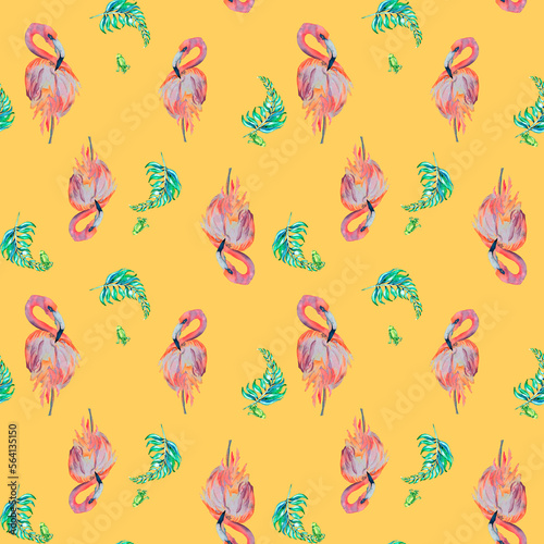 Tropical birds flamingo and palm leaves watercolor seamless pattern on yellow background.