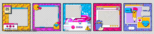 Set of retro 90s software frames isolated on transparent background. Vector illustration of old computer interface windows with emoji, heart, trash bin, message, error warning icons. Vaporwave design
