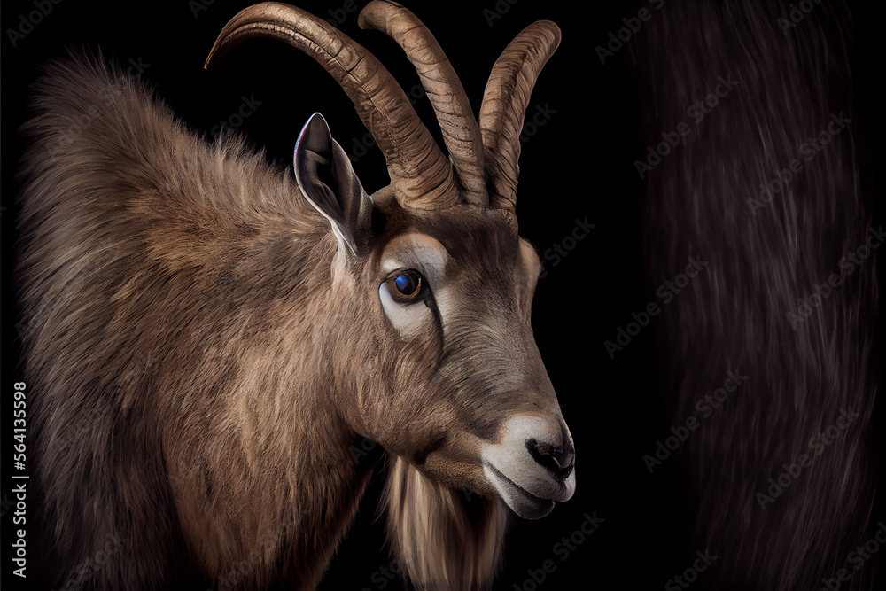 Portrait of an alpine ibex on a black background. generative ai Portrait of an alpine ibex on a black background. generative ai