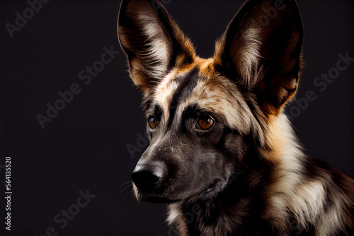 Portrait of a african wild dog on a black background. generative ai
