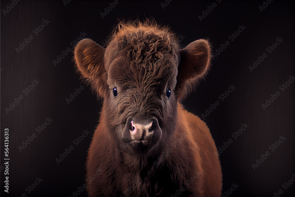 Fototapeta premium Portrait of a baby bison on a black background. generative ai