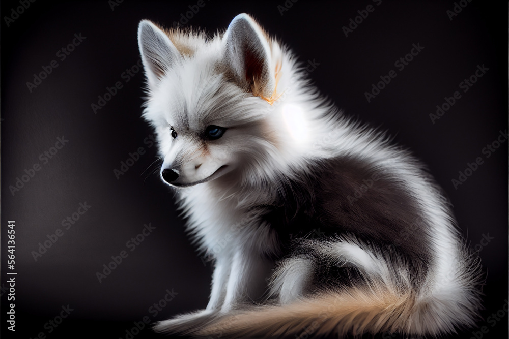 Portrait of a canadian marble fox puppy on a black background. generative ai
