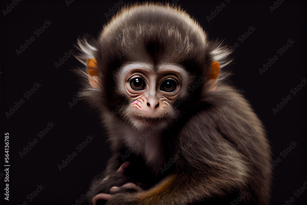 Fototapeta premium Portrait of a baby vervet monkey on a black background. generative ai