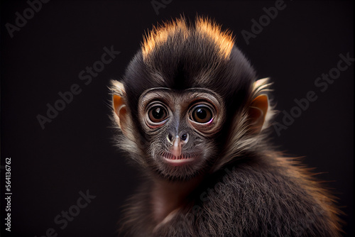 Portrait of  a baby vervet monkey on a black background. generative ai © Julian