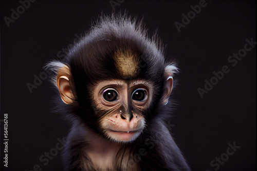 Portrait of  a baby vervet monkey on a black background. generative ai © Julian