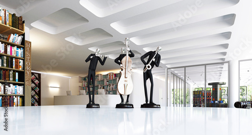 Metal figurines of musicians inside a book and record store, closeup, 3d rendering, 3d illustration