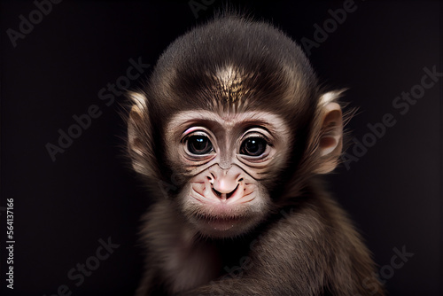 Portrait of a baby monkey on a black background. generative ai