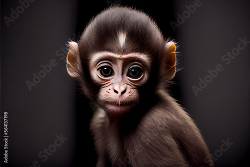 Portrait of  a baby monkey on a black background. generative ai © Julian