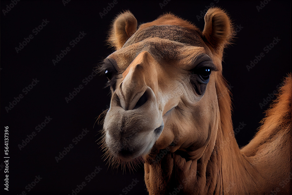 Fototapeta premium Portrait of a camel on a black background. generative ai