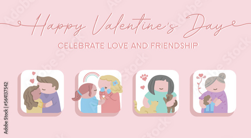 VECTORS. Editable banner for Valentine's day depicting different scenes of love and friendship. Cute, romantic, inclusive, queer couple, pets, family