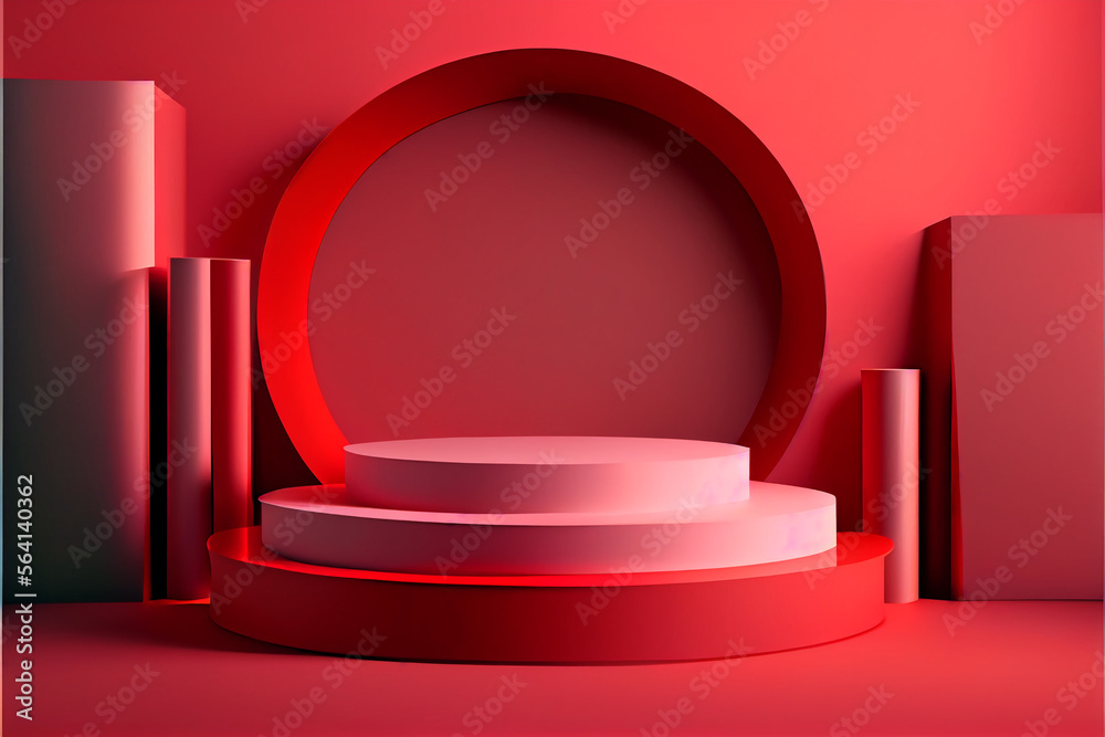 Empty red Podium for advertising and mock-up for your commercial. generative ai Empty red Podium for advertising and mock-up for your commercial. generative ai