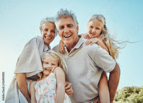 Fotografie Portrait, children or senior piggy back in nature park bonding, home garden or house backyard in trust or support