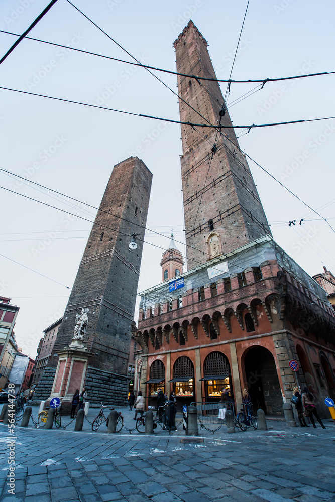 Torre Garisenda and Torre Degli Asinelli Towers aka the Two Towers in Bologna, Italy