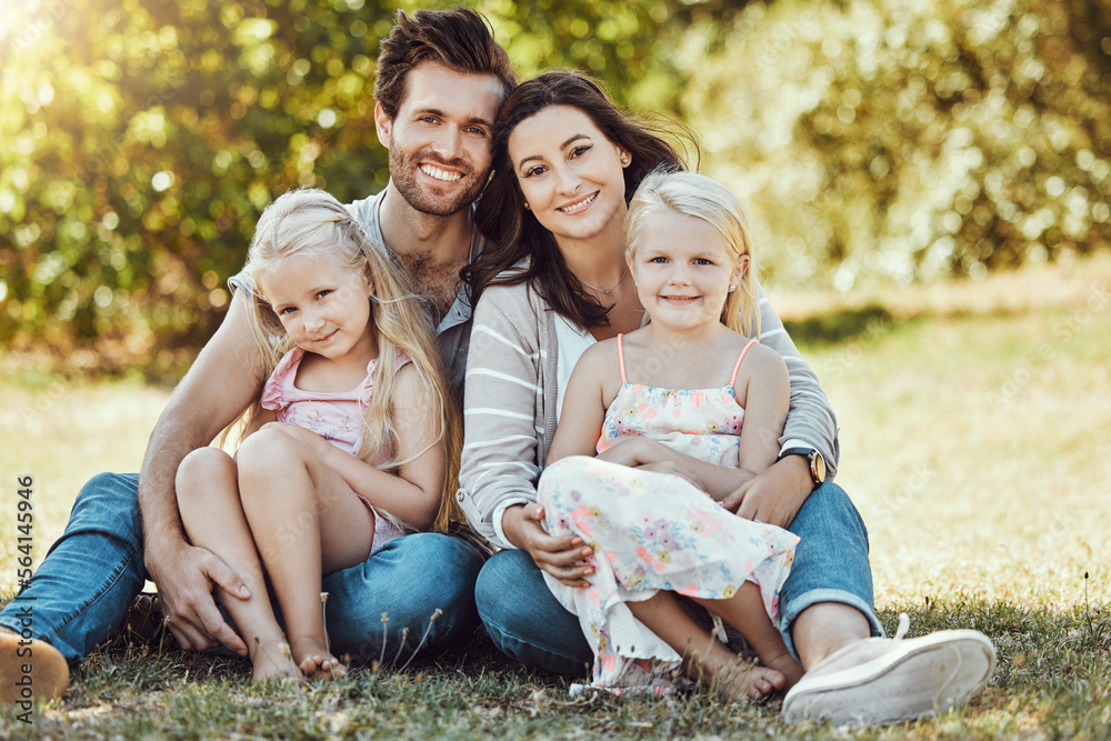 Fototapeta premium Family, garden and portrait of parents, children and happy people on park grass in sunshine. Kids, mom and dad smile with love in nature, holiday and summer vacation to relax on park lawn with peace
