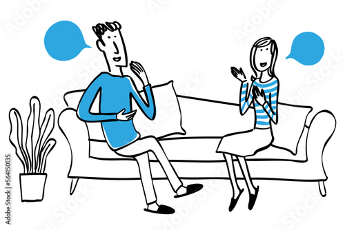 イラスト素材　ソファに座って会話を楽しむ男女　カップル　パートナー　家族