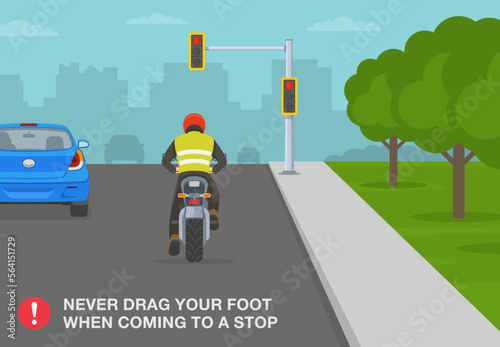 Safe motorcycle riding rules and tips. Never drag your foot when coming to a stop. Back view of a biker is about to stop on red traffic signal. Flat vector illustration template.
