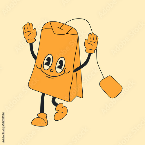 Tea bag in retro cartoon style illustration, vintage character vector art collection