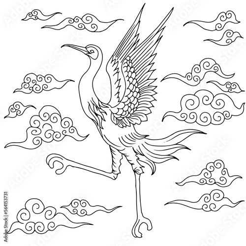 design asian stork outline line art