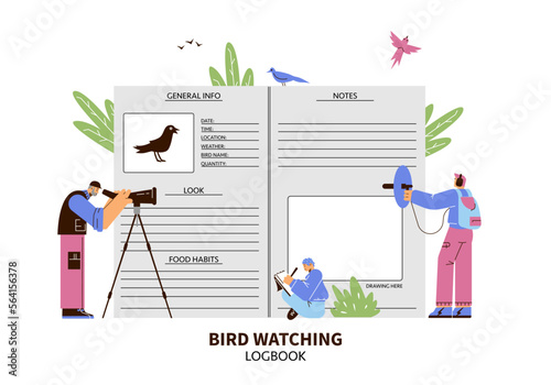 Bird watching logbook with tiny characters - flat vector illustration isolated on white background.