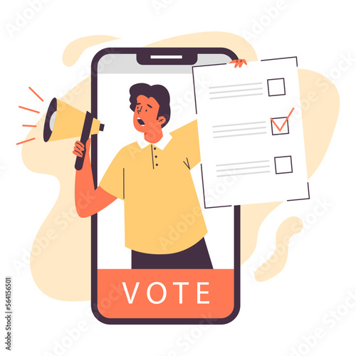 Man holding megaphone and calling for voting online, flat vector isolated.