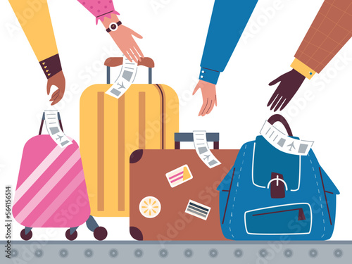 Hands of people taking luggage in airport flat vector illustration isolated.