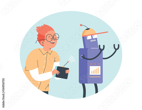 Banner or sticker with boy playing with smart robot, flat vector isolated.