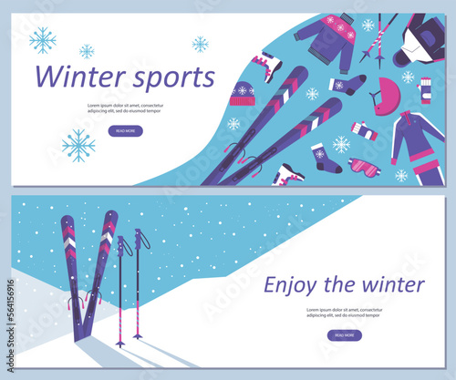 Winter sports banners or flyers design bundle, flat vector illustration.