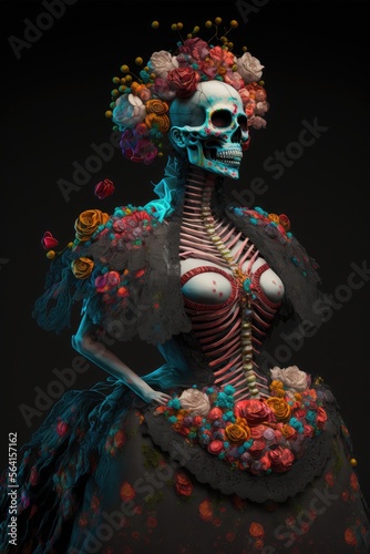 Mexican Day of the dead, human skeleton wearing mexican dia de los muertos outfit. generative AI
