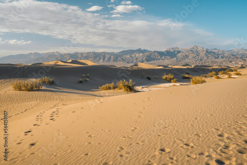 Fototapeta Naklejka Na Ścianę i Meble -  Mesquite Sand Dunes, mountains and cloudy sky background. Death Valley National Park, California