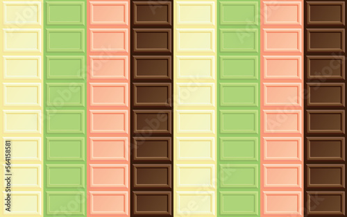 四色のブロックチョコの背景　抹茶　カカオ　ホワイト　ストロベリー